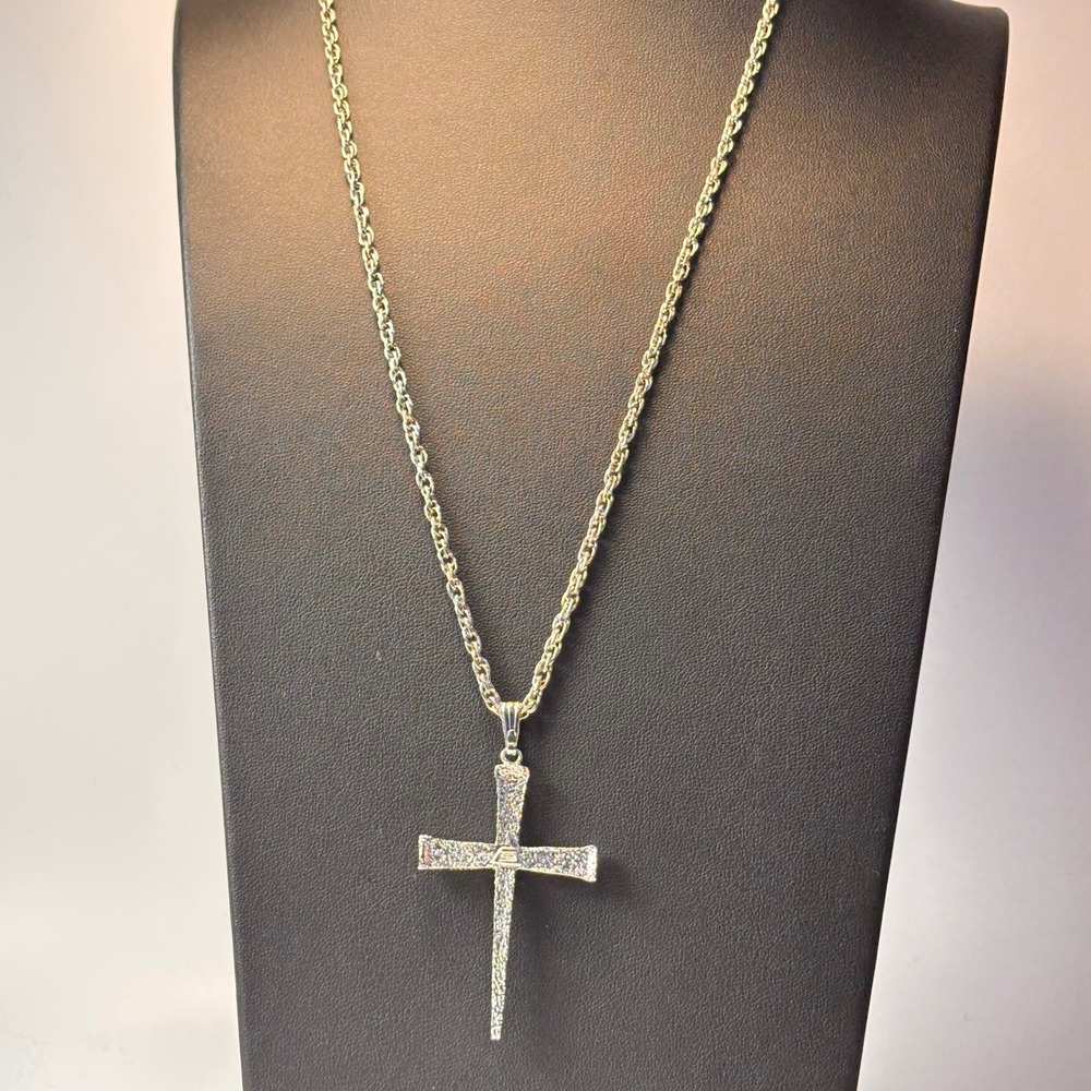 Vintage Cross Necklace Silver Tone Textured Stardust Religious Goth Pendant 90s